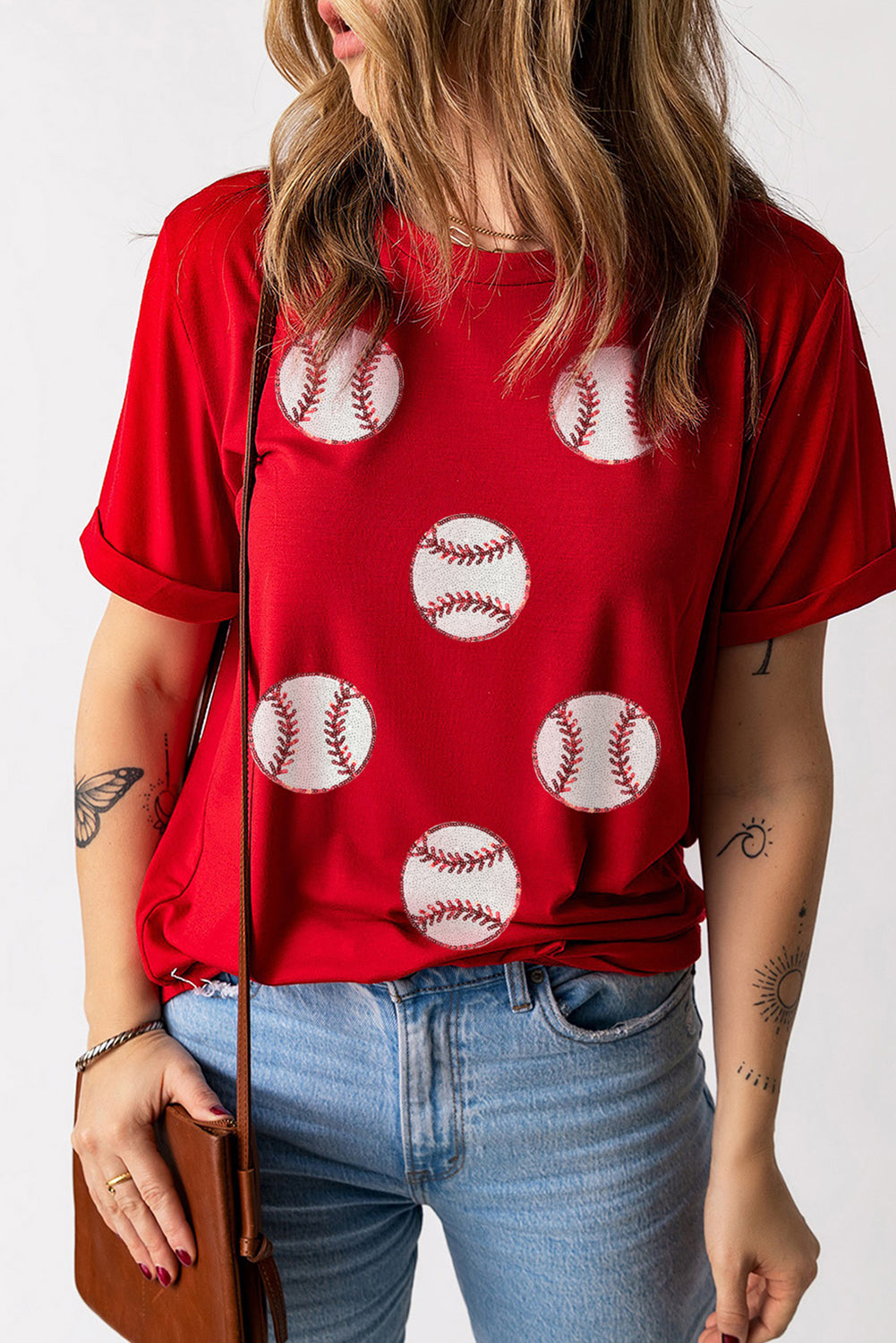 Red Sequin Baseball Pattern Crew Neck Game Day T Shirt