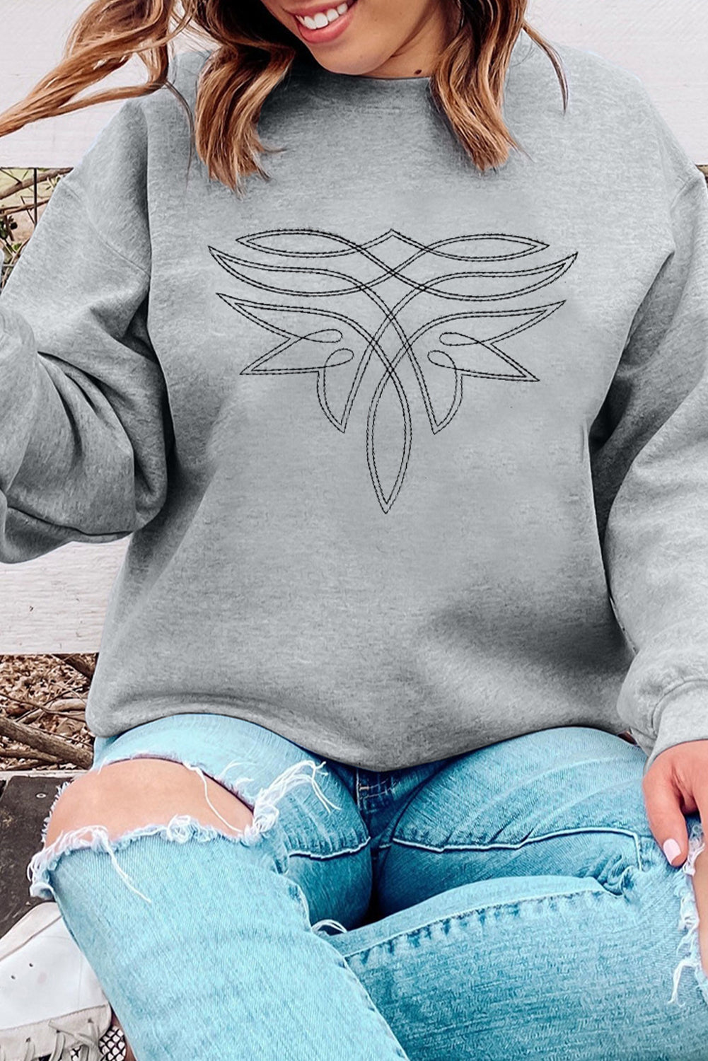 Gray Boot Stitch Pattern Drop Shoulder Pullover Sweatshirt