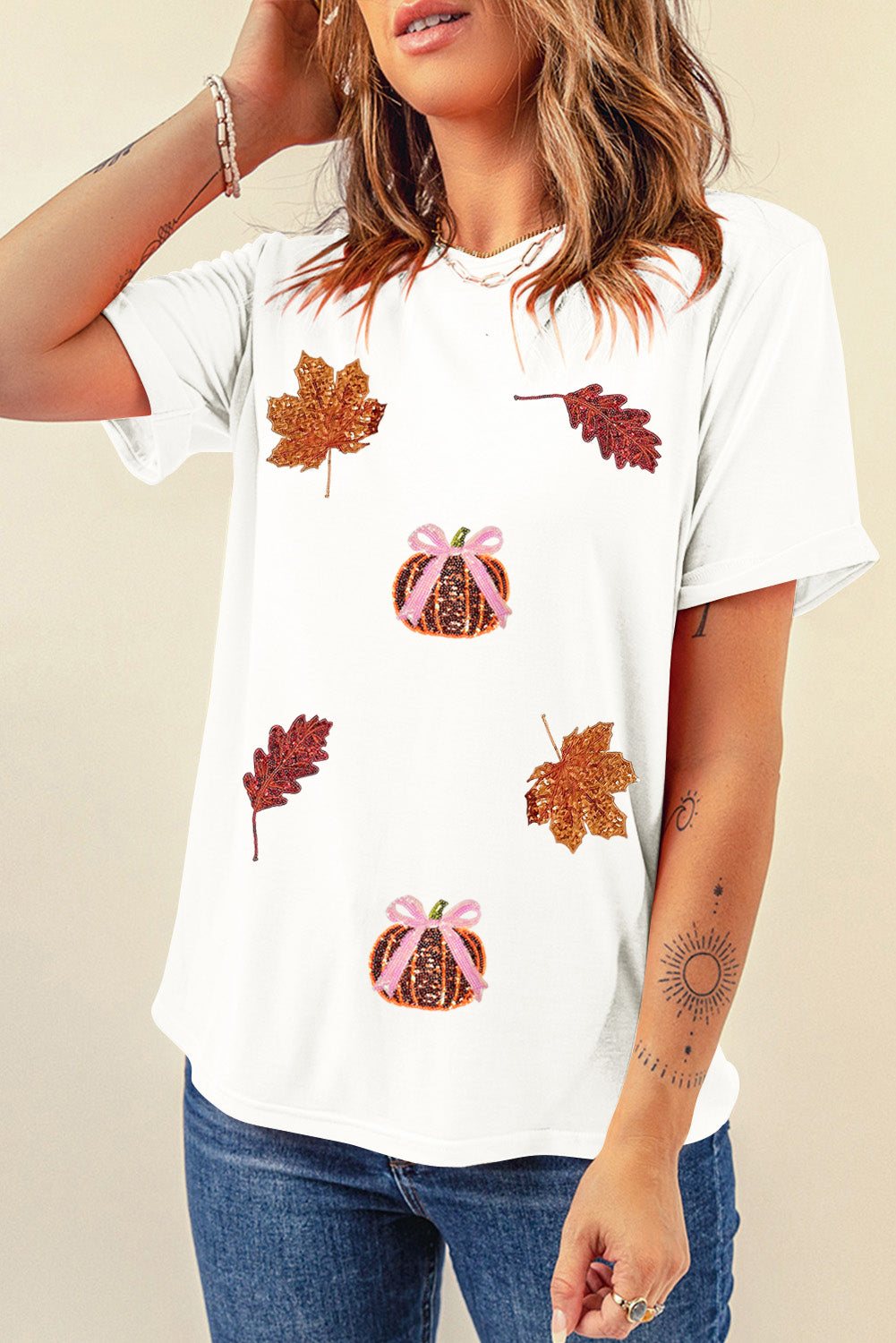 White Sequined Pumpkin Leaves Fall Vibe Graphic T Shirt