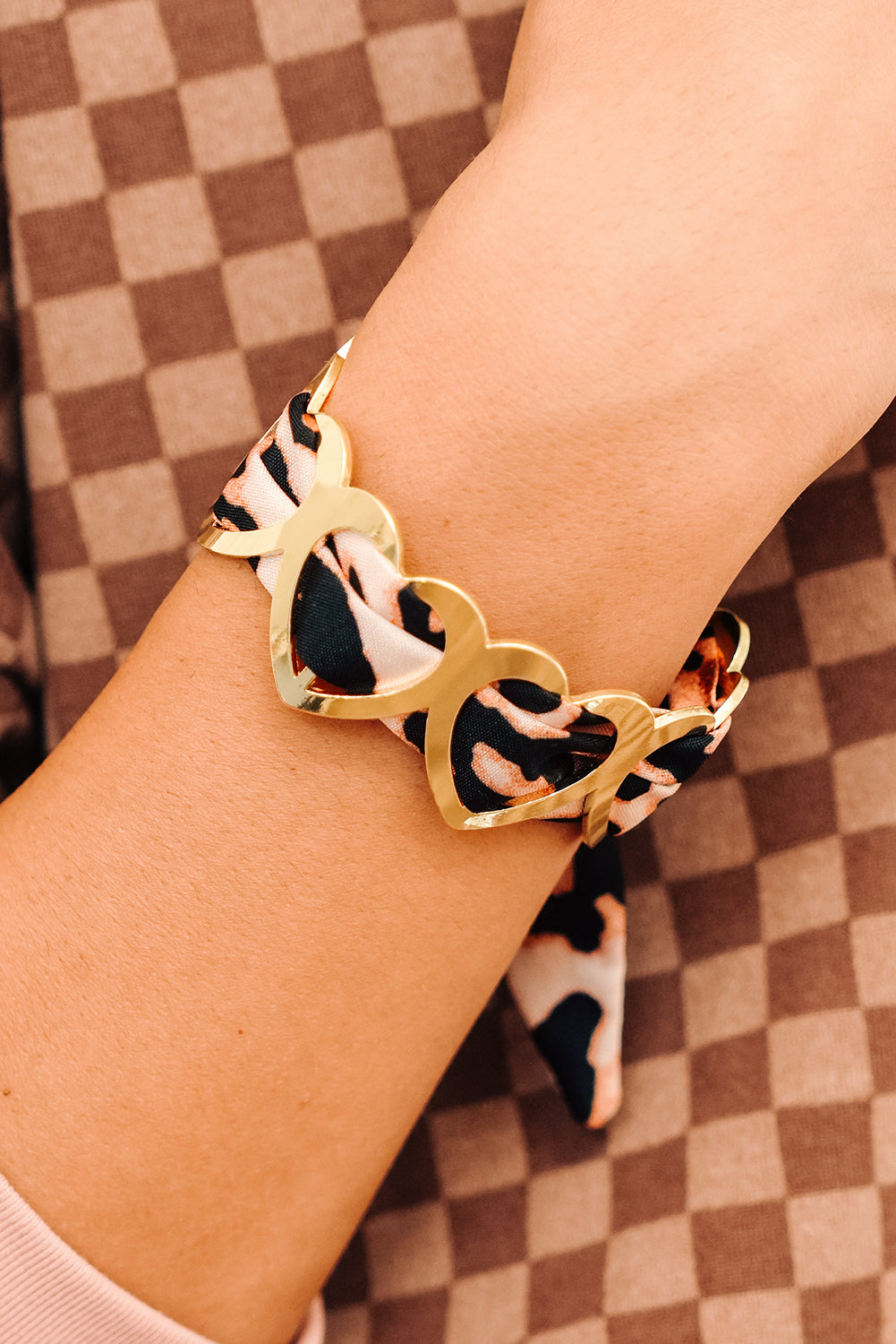 Camel Hollow Out Heart Leopard Print Ribbon Bracelet