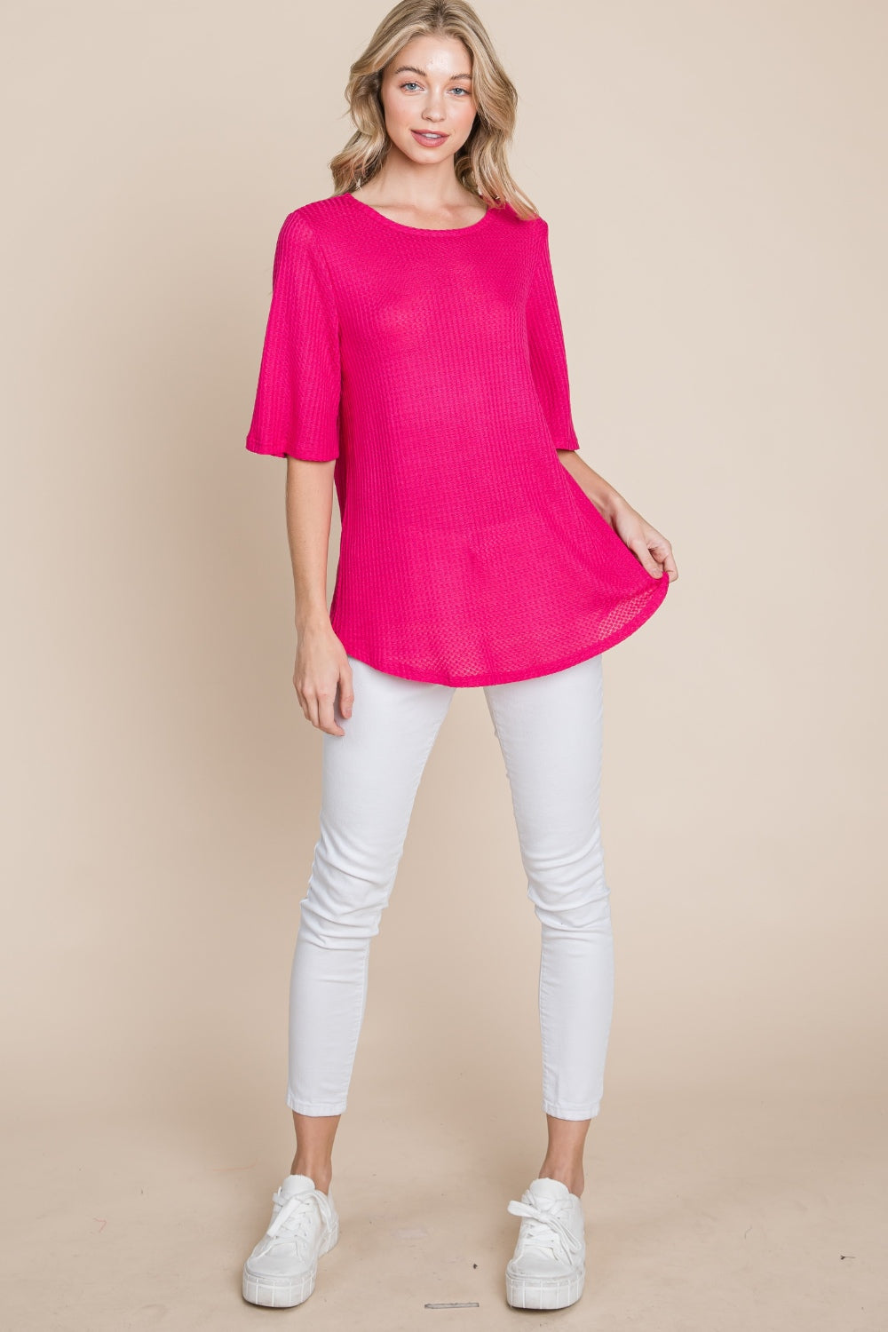 BOMBOM Round Neck Waffle Knit T-Shirt-3