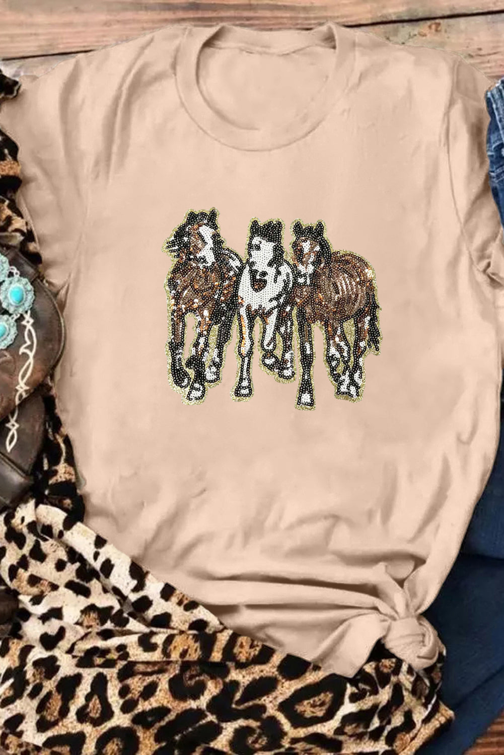 Khaki Sequin Horses Patched Casual Crewneck T Shirt