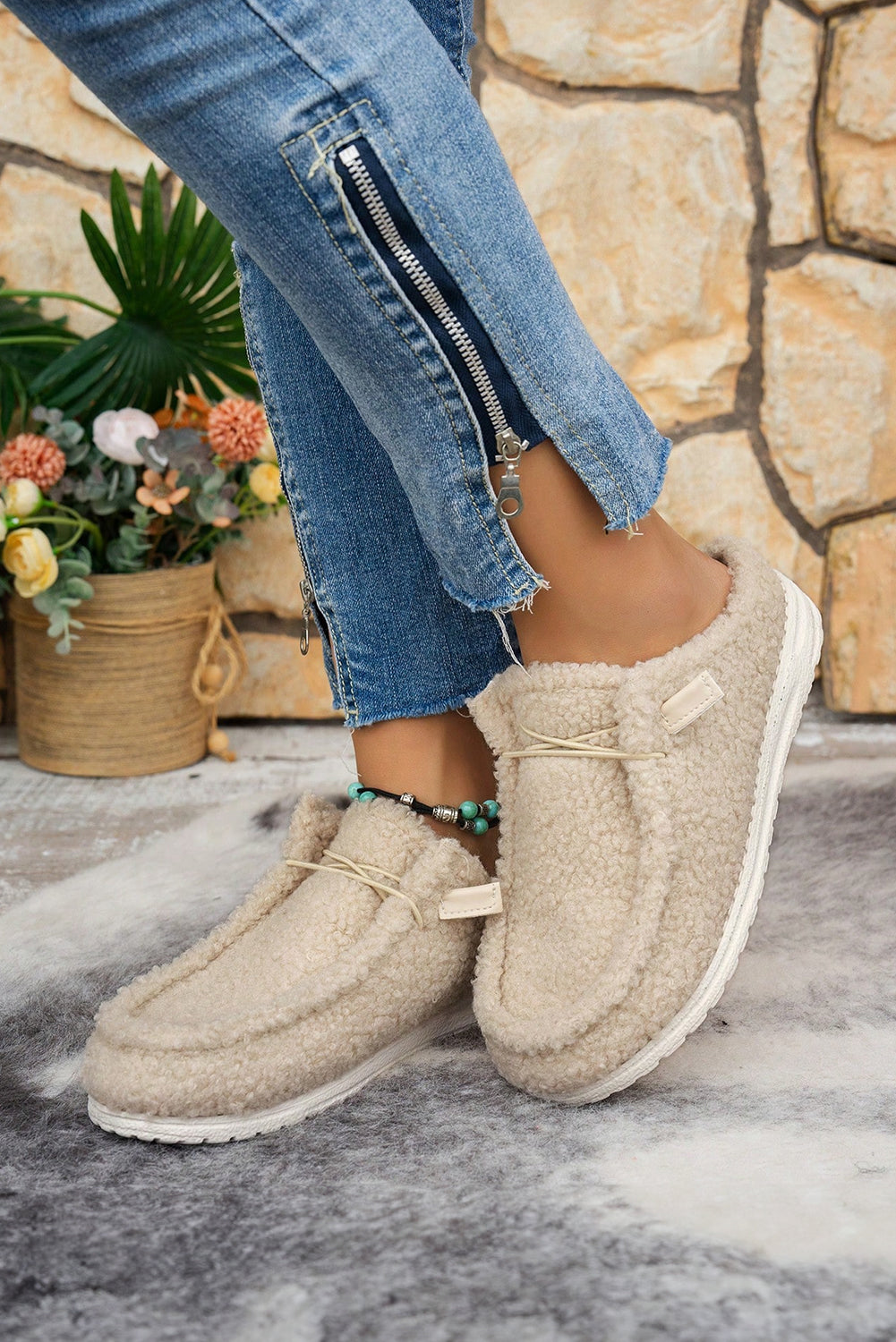 White Plush Slip On Casual Shoes