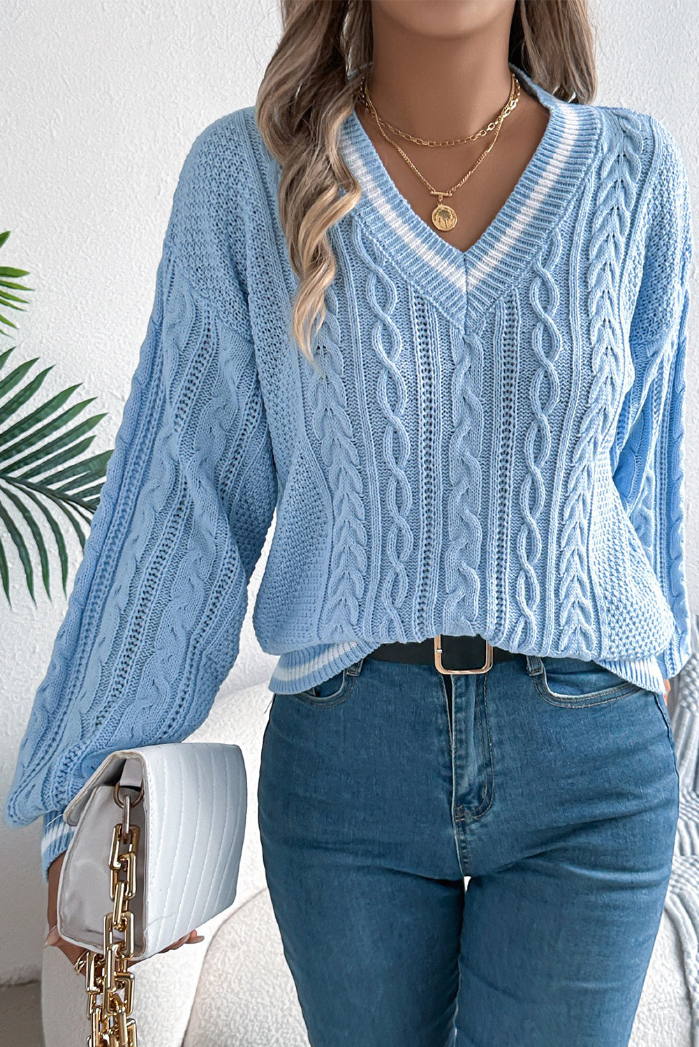 Beau Blue Cable Knit V Neck Contrast Trim Sweater