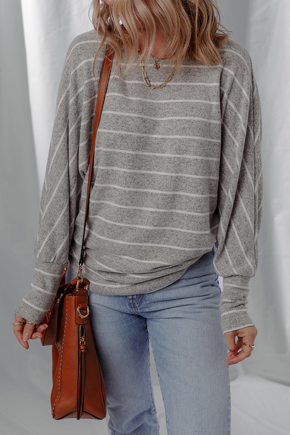 Gray Stripe Bishop Sleeve Drop Shoulder Top