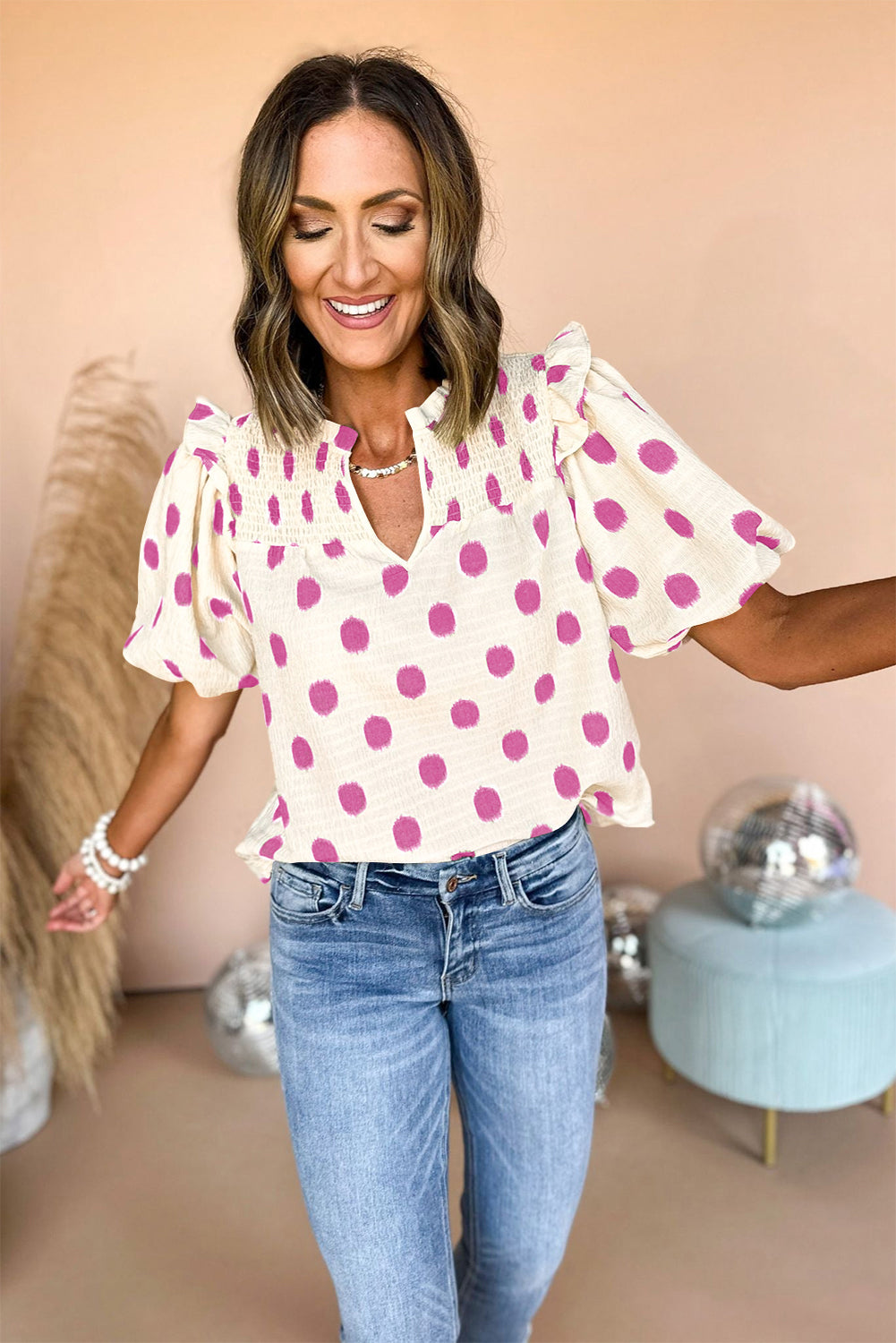 Rose Polka Dot Print Shirred Notched Neck Puff Sleeve Blouse