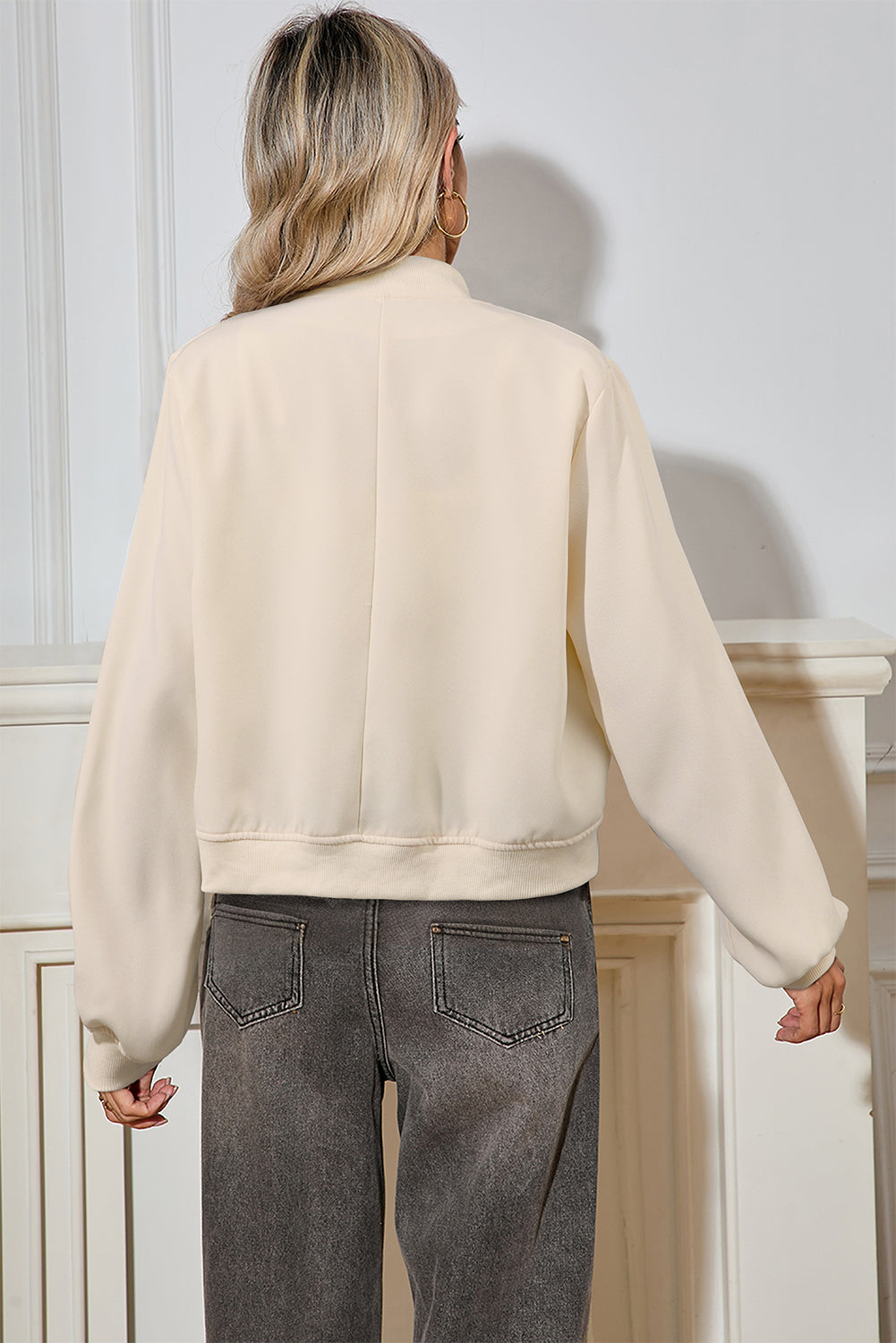 Beige Solid Stand Neck Pocket Long Sleeve Shift Jacket