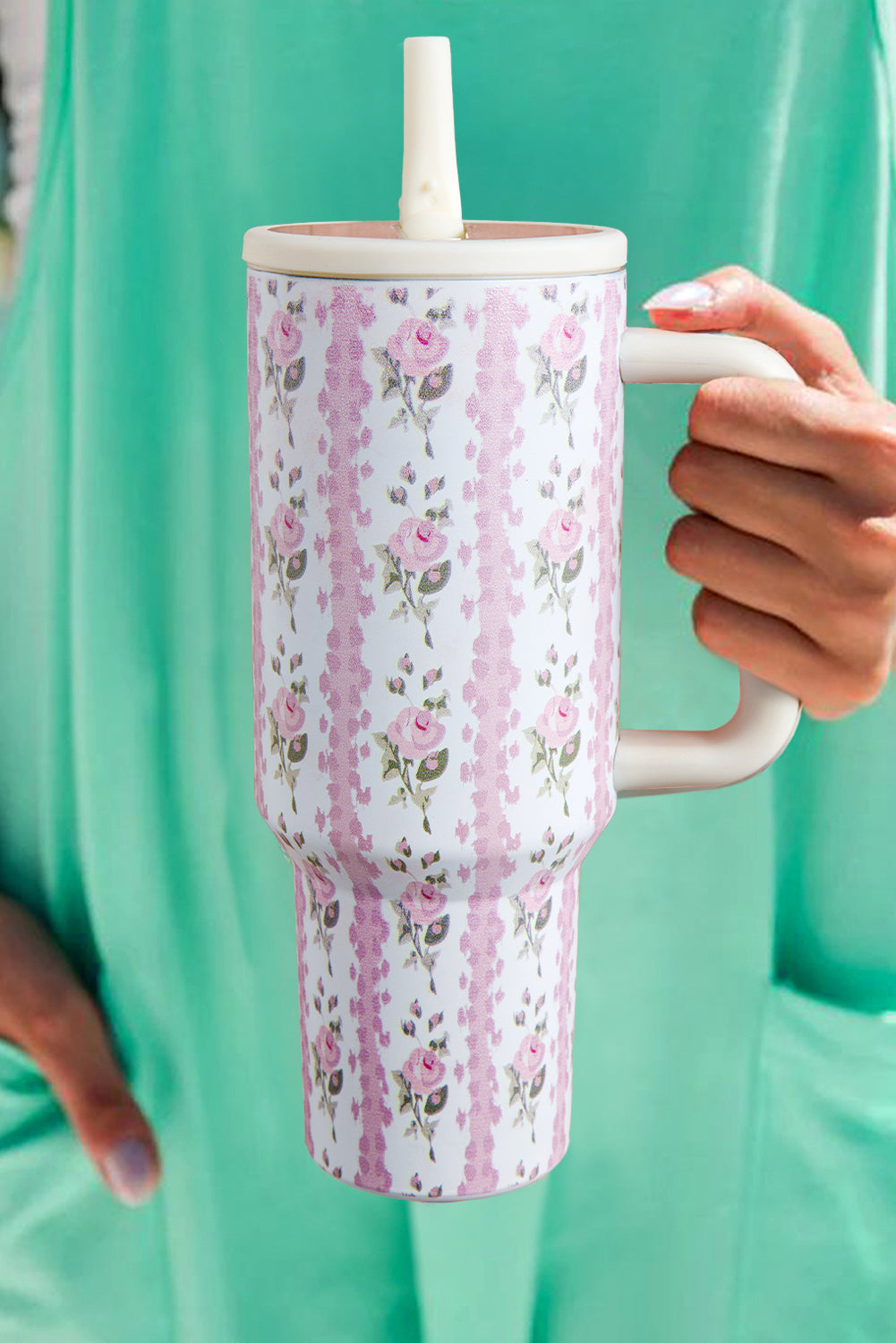 Light Pink Floral Print Stainless Steel Tumbler