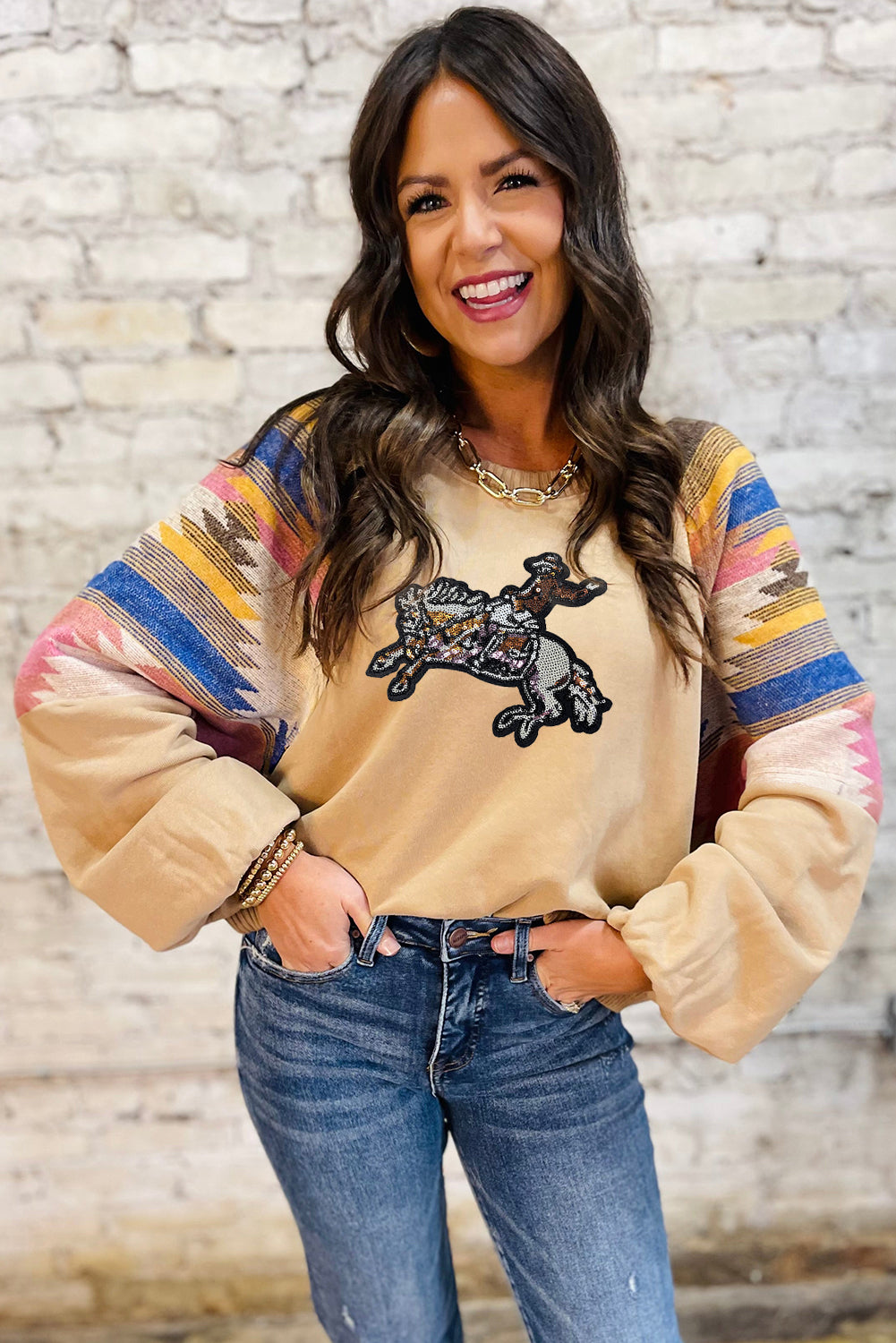 Light French Beige Sequined Rodeo Graphic Fashion Sweatshirt