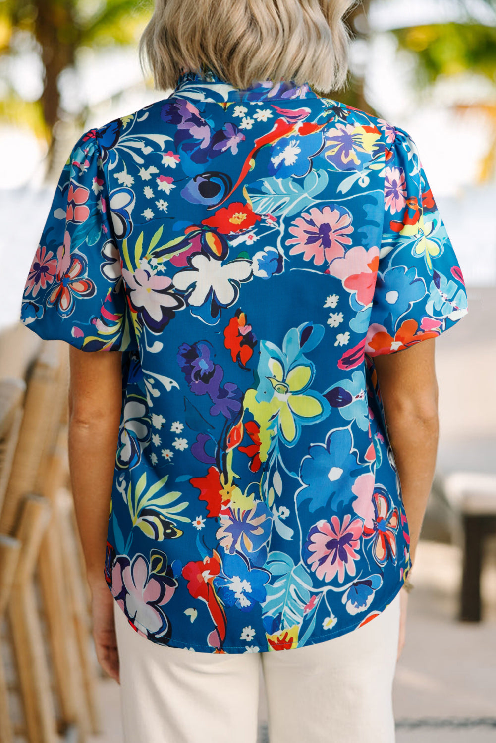 Blue Flower Print Notch V Neck Puff Sleeve Babydoll Blouse