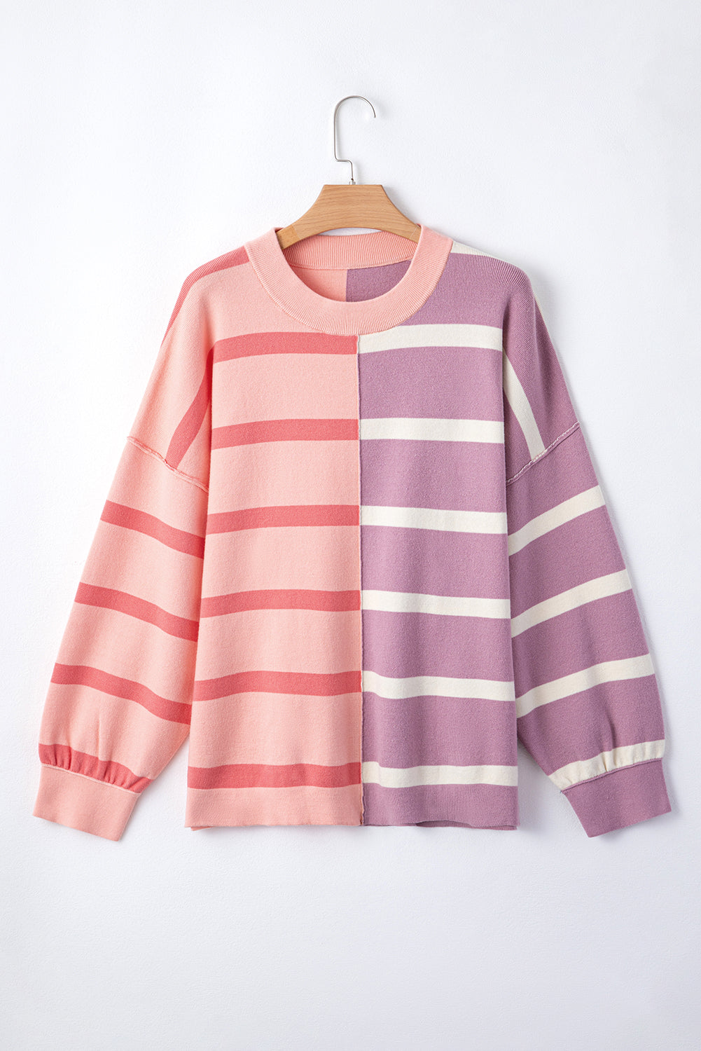 Pink Striped Patchwork Drop Shoulder Sweater