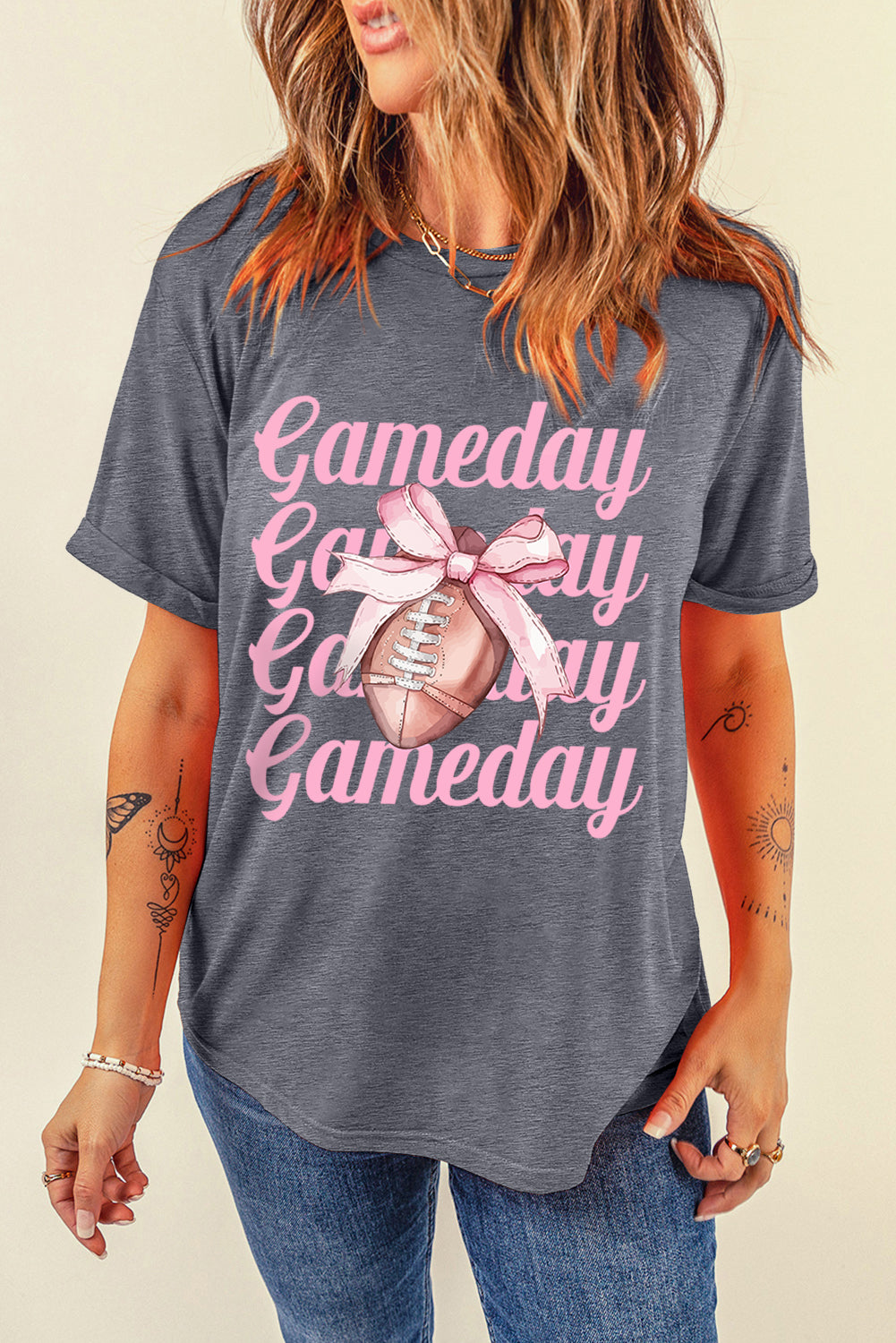 Gray Game Day Bowknot Football Graphic Casual Tee