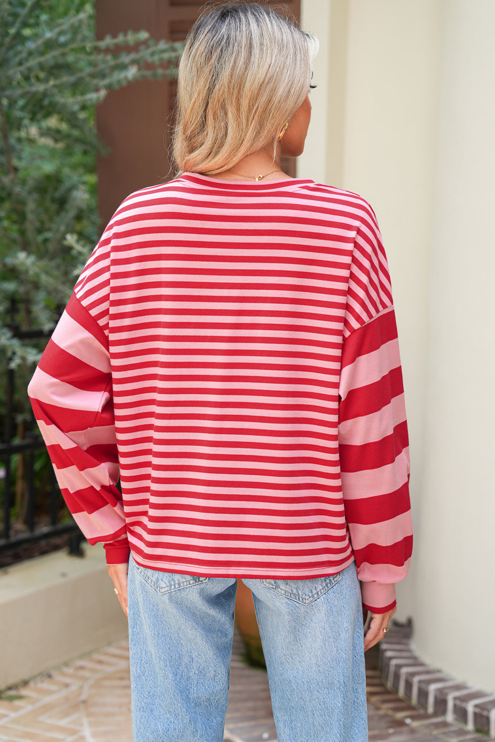 Strawberry Pink Striped V Neck Drop Sleeve Top