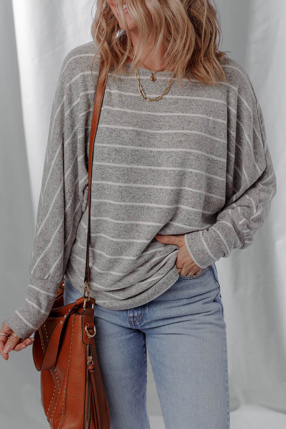 Gray Stripe Bishop Sleeve Drop Shoulder Top