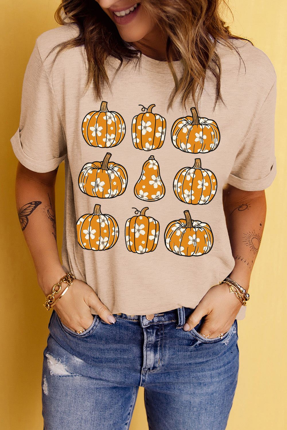 Khaki Fall Floral Pumpkin Print Casual Graphic T Shirt