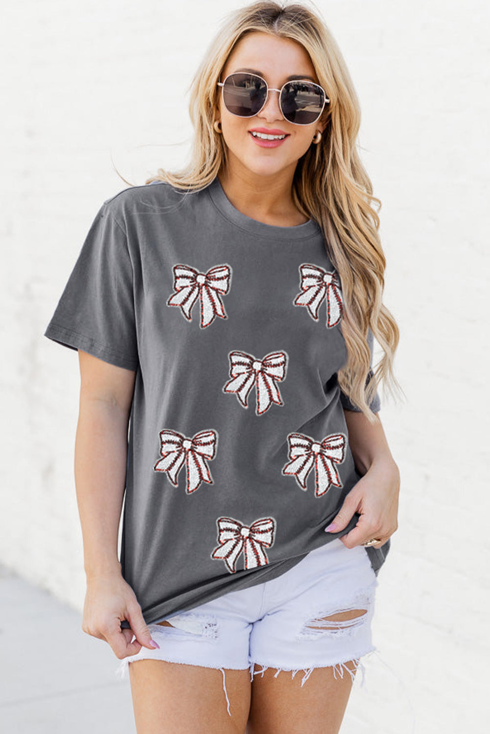 Gray Game Day Sequin Bow Fashion Graphic Tee