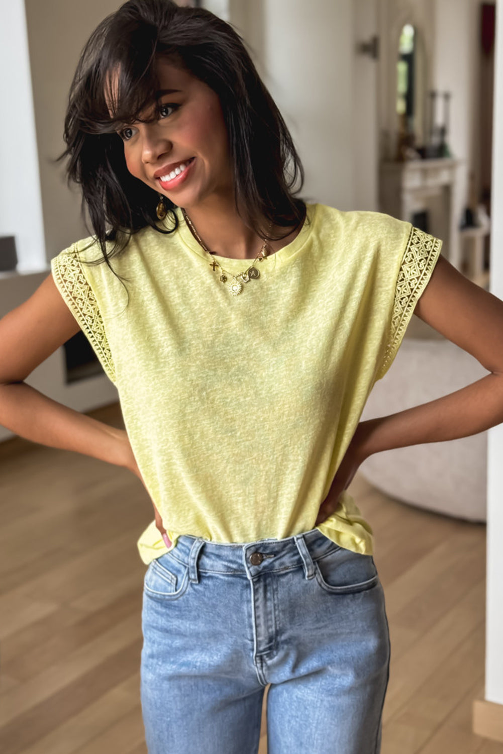 Yellow Cream Lace Patchwork Cap Sleeve Round Neck Top