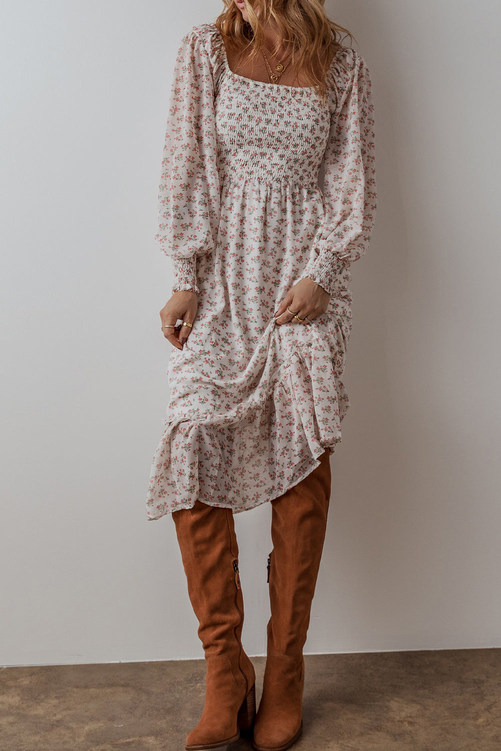 Delaney Ruffled Hem Square Neck Midi Dress-2