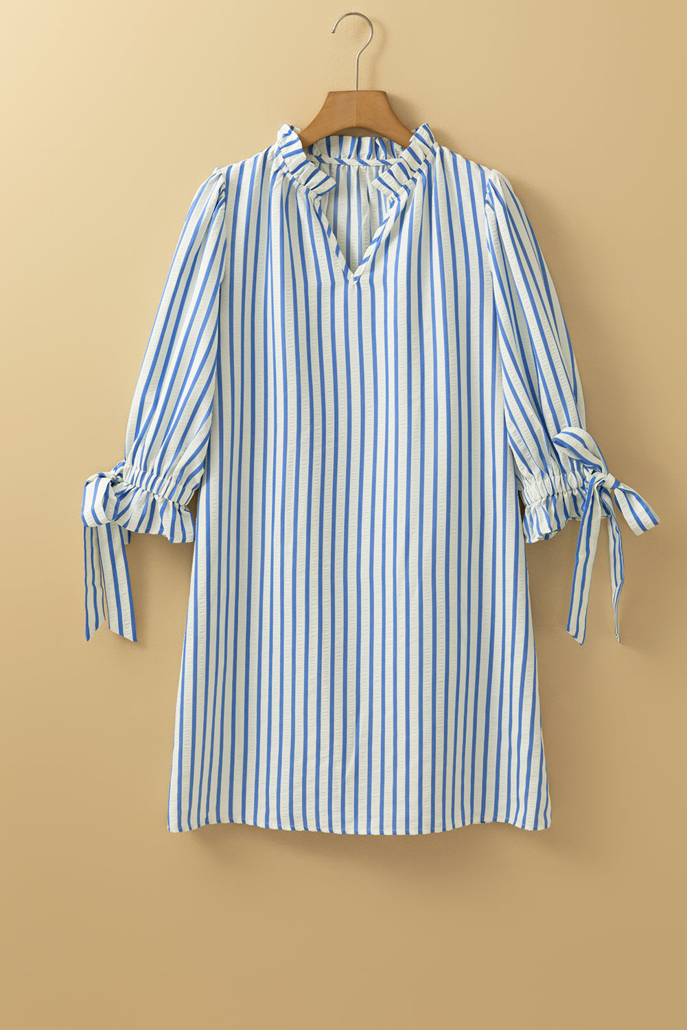 Sky Blue Striped Notched Neck Knot Cuffs Mini Dress