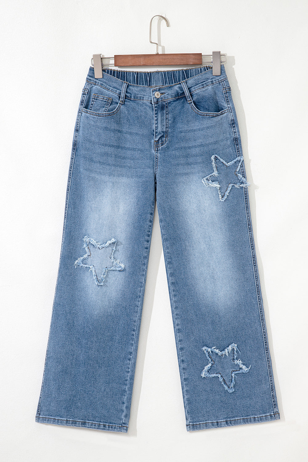 Stone Blue Star Patchwork Light Wash Wide Leg High Waist Jeans