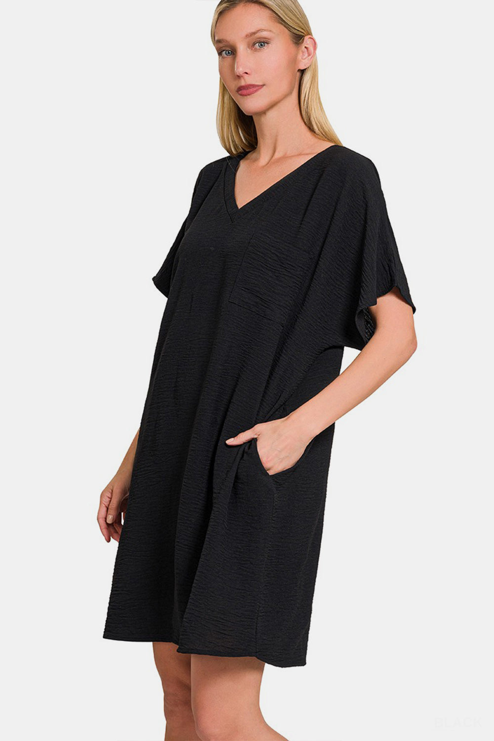 Zenana V-Neck Tee Dress with Pockets-1