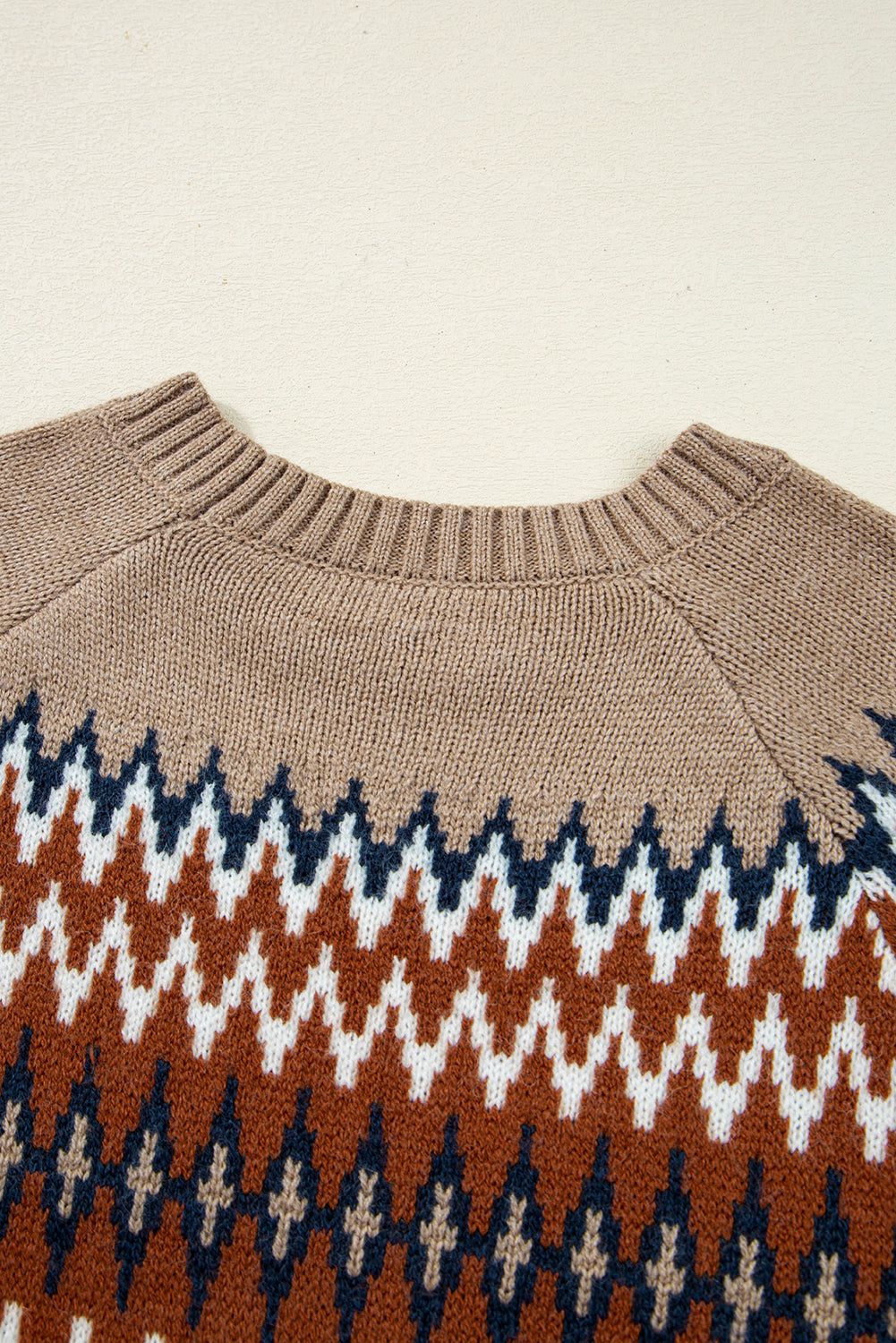 Khaki Aztec Print Colorblock Crew Neck Sweater