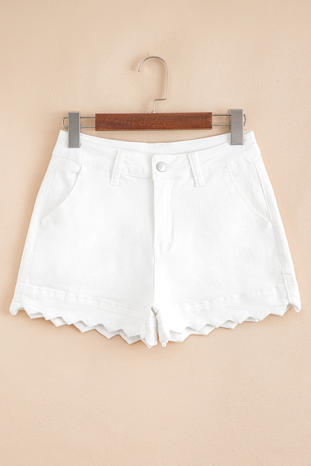 White Scalloped Hemline Acid Wash High Waist Denim Shorts