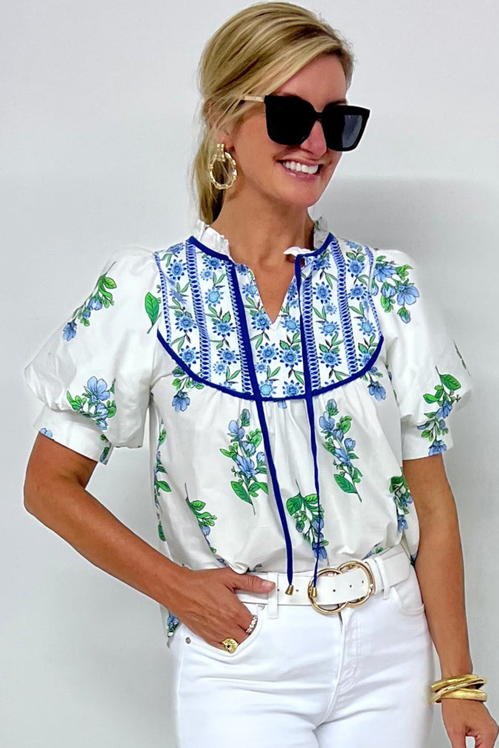 Beige Floral Print Piping Trim Tie Neck Puff Sleeve Blouse