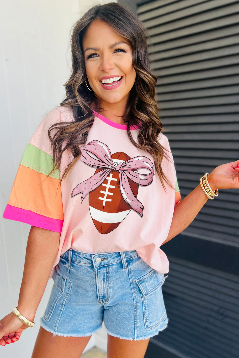 Pink Colorblock Sleeve Rhinestone Bow Football Print T Shirt