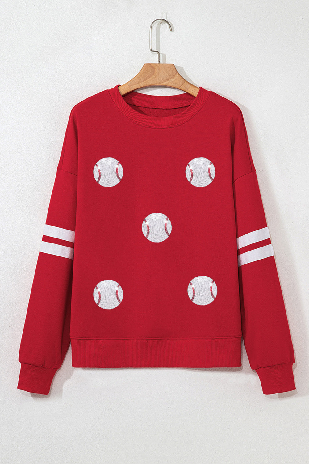 Fiery Red Glitter Baseball Patched Drop Shoulder Varsity Sweatshirt