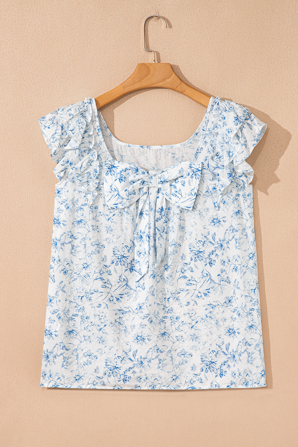Sky Blue Floral Ruffle Short Sleeve Bow Back Blouse