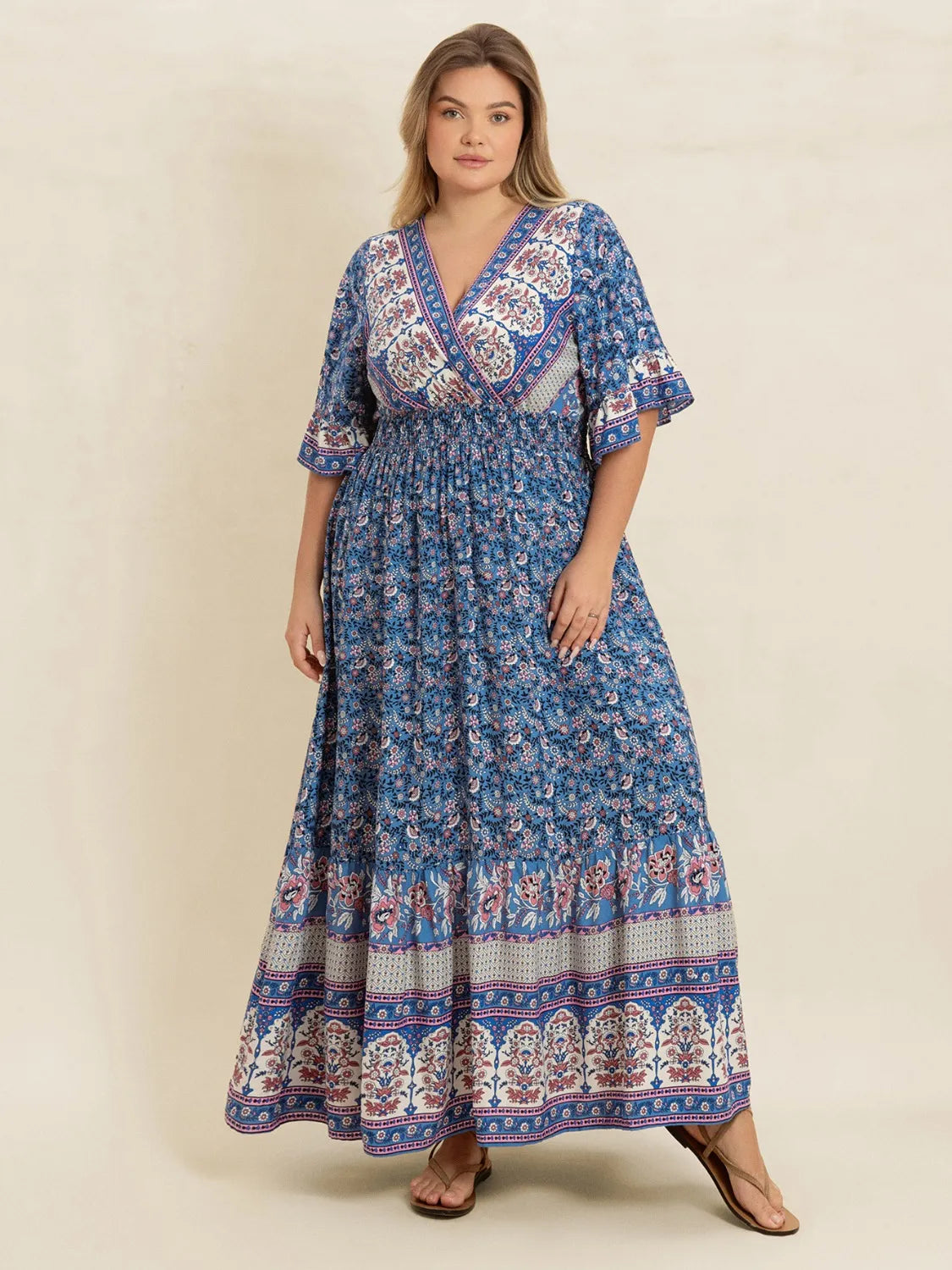 Plus Size Printed Surplice Half Sleeve Dress