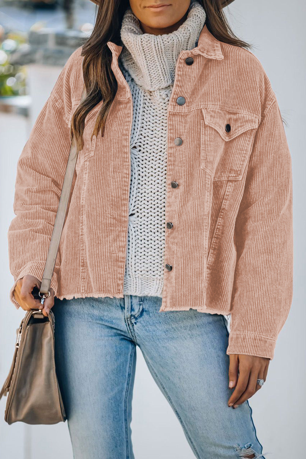 Pink Corduroy Pocket Buttoned Jacket