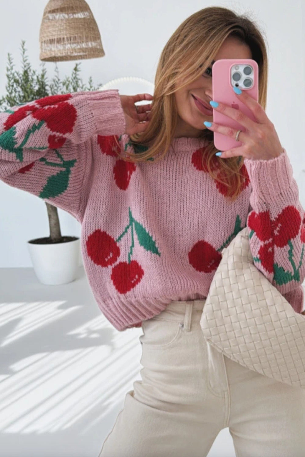 Pink Cherry Print Round Neck Knit Sweater