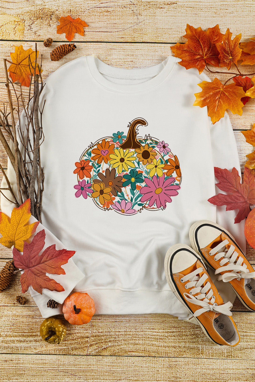 White Floral Pumpkin Custom Graphic Sweatshirt