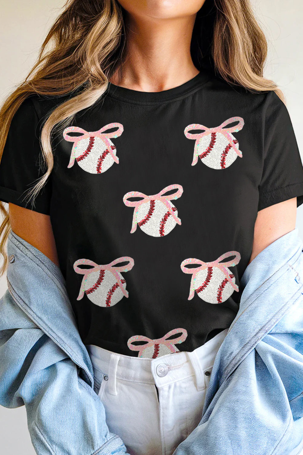 Black Shimmering Sequin Bow Ball Patterned Game Day Casual Tee