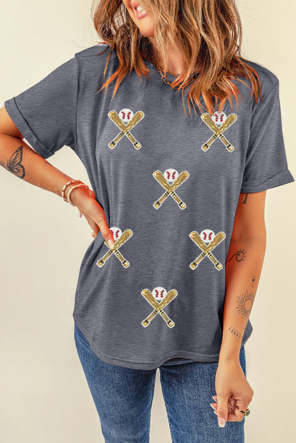 Gray Sequin Baseball Bat Graphic Game Day Casual Tee