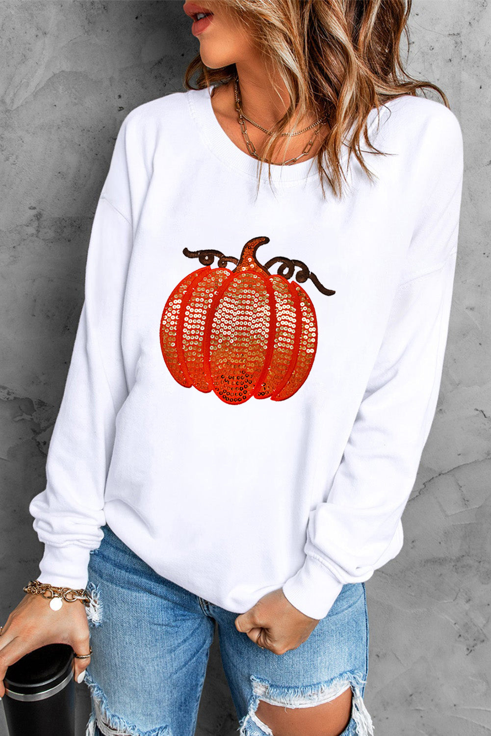 White Sequin Pumpkin Patched Casual Pullover Graphic Sweatshirt