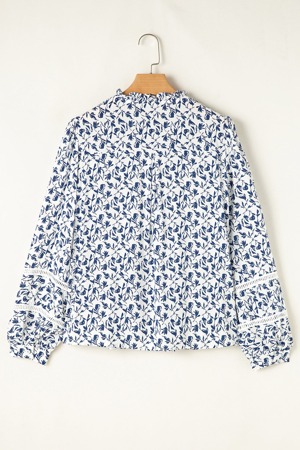 Blue Floral Print Lace Detail Puff Sleeve Shirt
