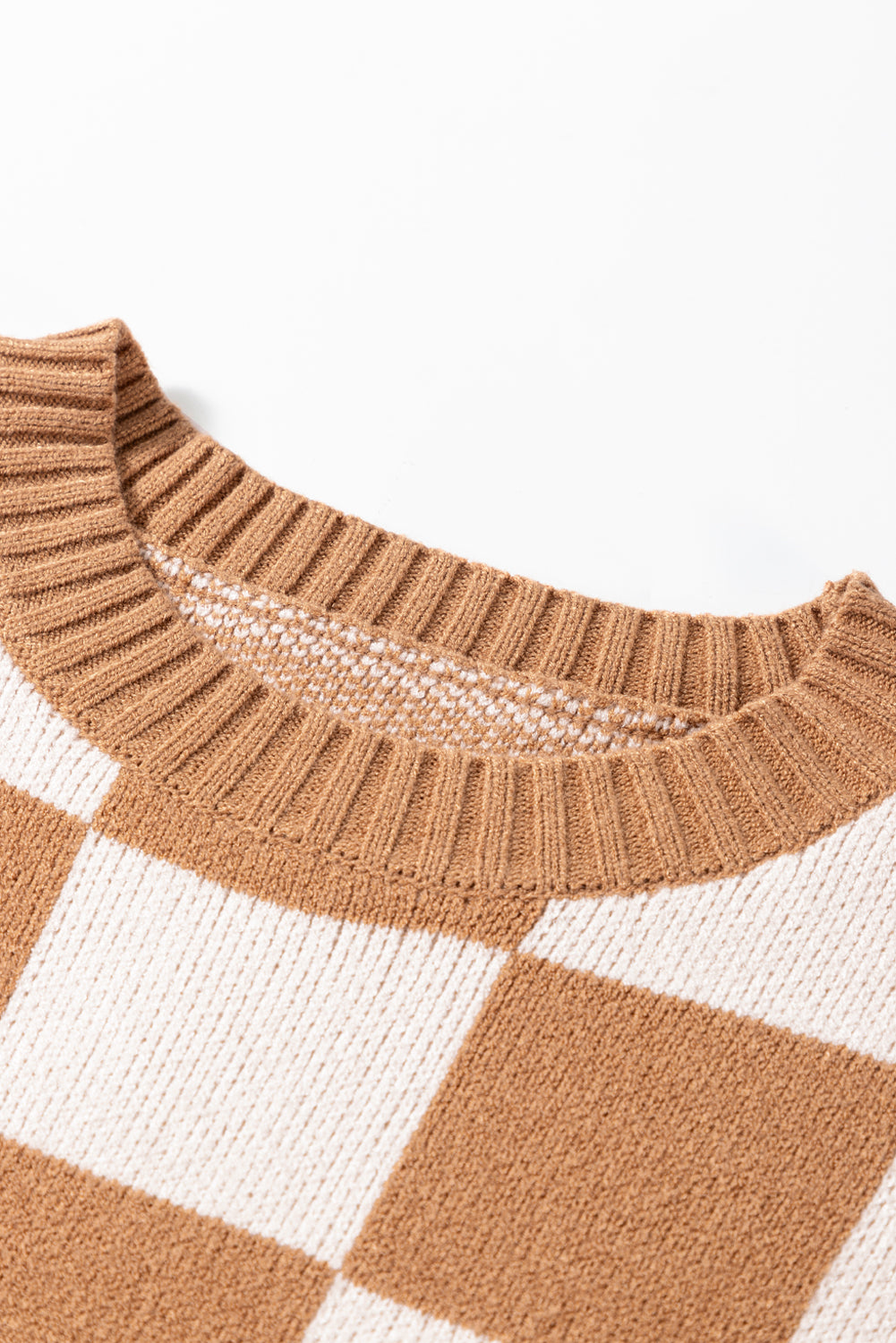 Light French Beige Checkered Knit Dolman Short Sleeve Sweater
