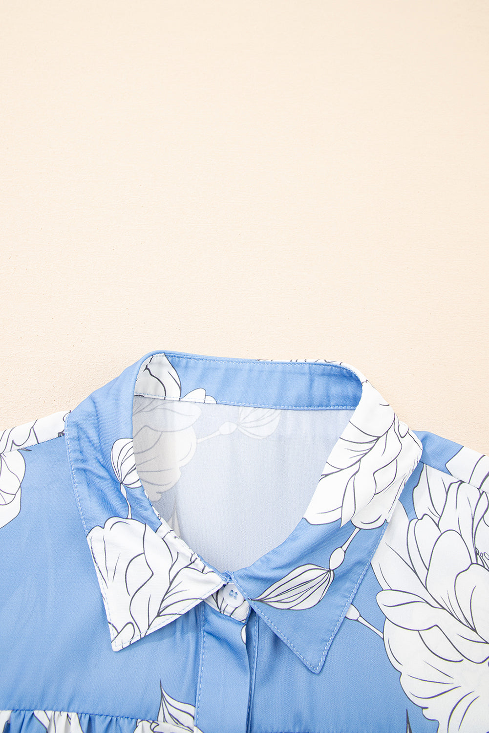 Sky Blue Floral Print Pleated Puff Sleeve Shirt
