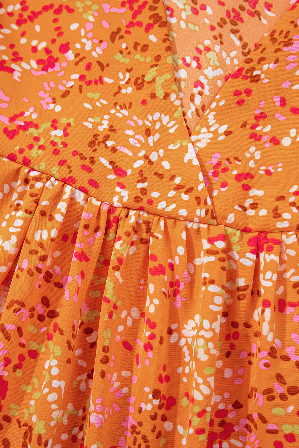 Orange Abstract Print Loose Fit Collared V Neck Babydoll Blouse