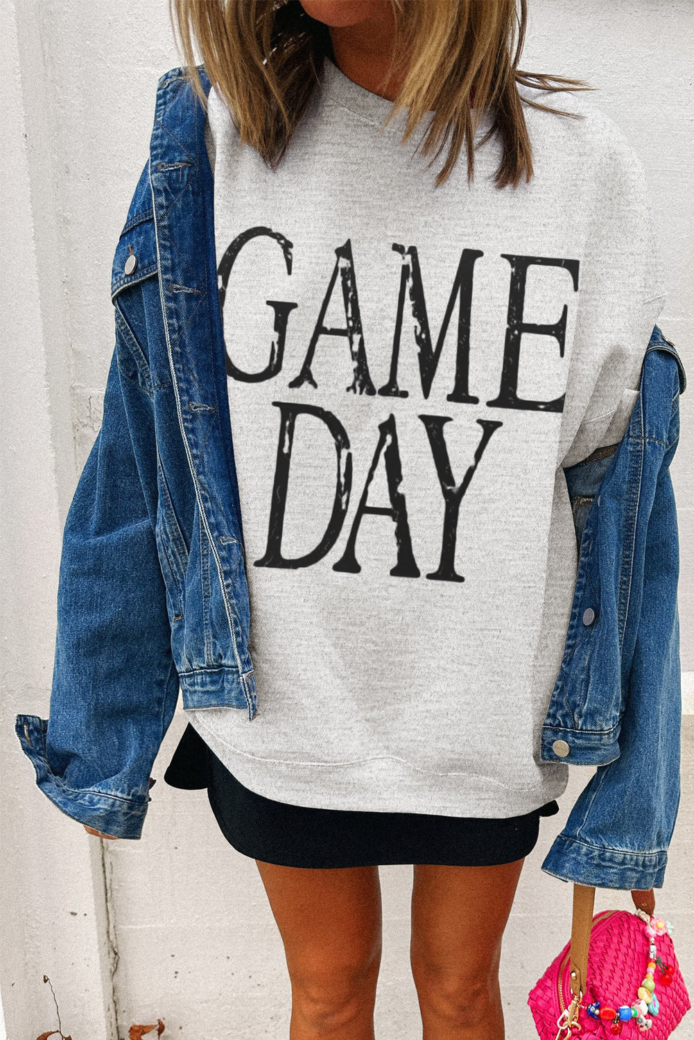 Black GAME DAY Vintage Washed Letter Graphic Baggy Sweatshirt
