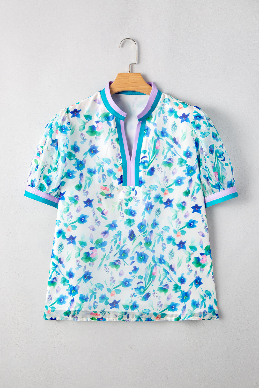 Green Floral Print Pop of Color Split Neck Puff Sleeve Plus Size Blouse