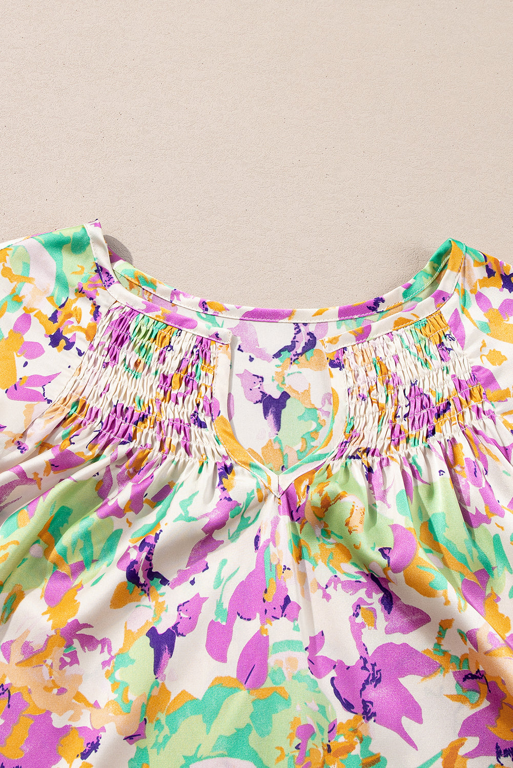 Purple Abstract Print Ruffled Short Sleeve Notched Neck Blouse