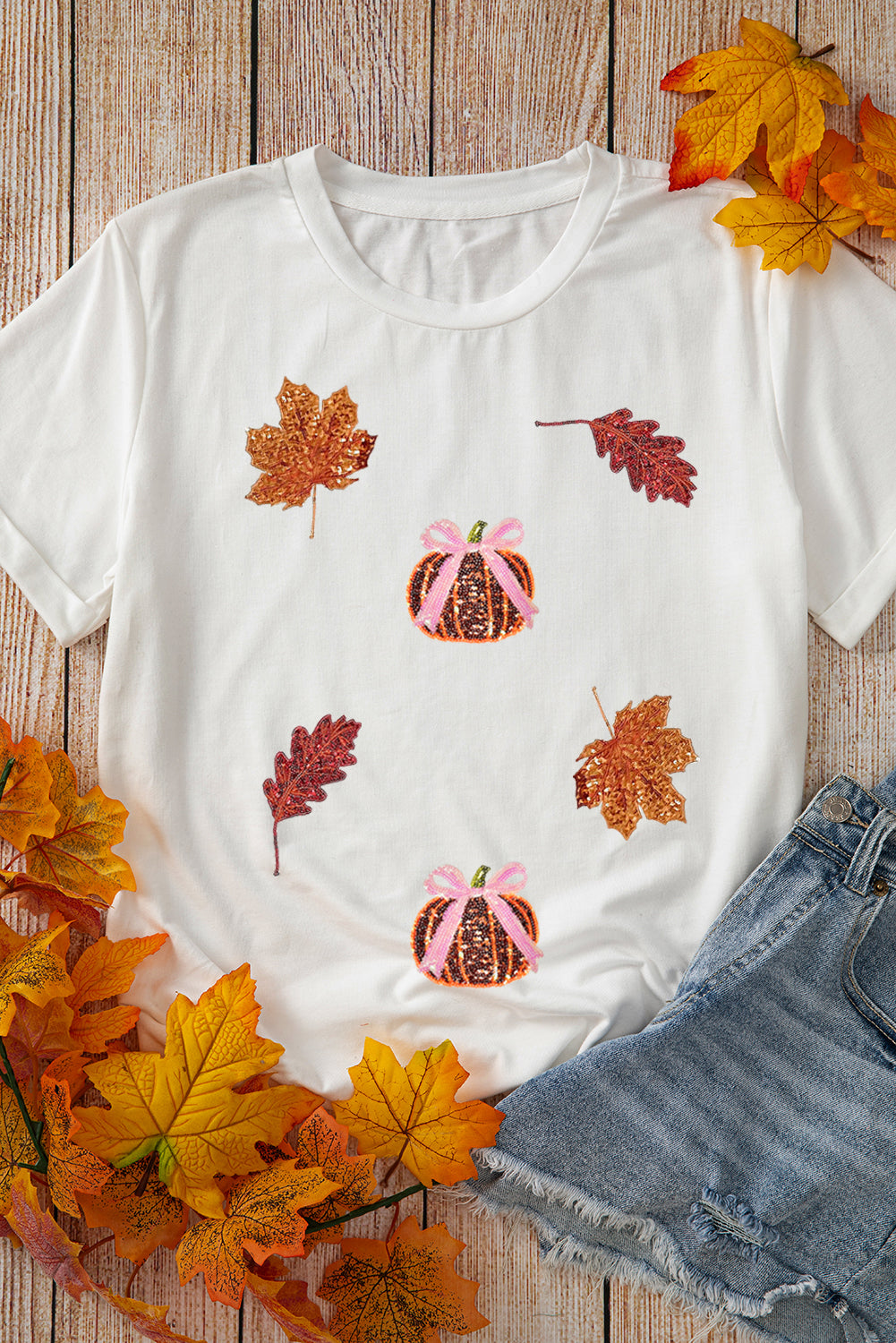 White Sequined Pumpkin Leaves Fall Vibe Graphic T Shirt