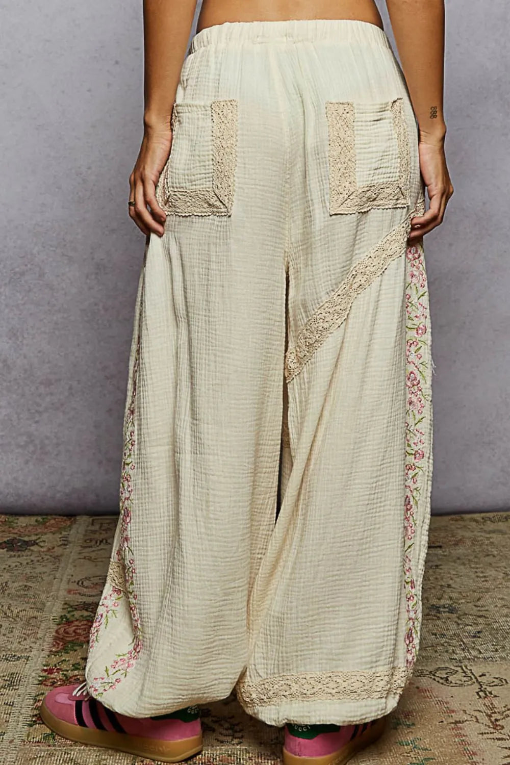 Floral Embroidered Drawstring Joggers with Lace Trim