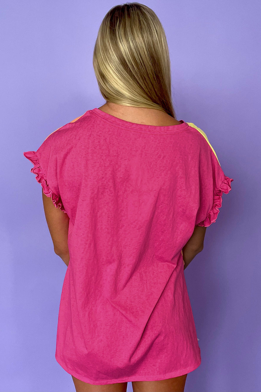 Rose Red Colorblock Ruffle Sleeve Loose Fit T Shirt