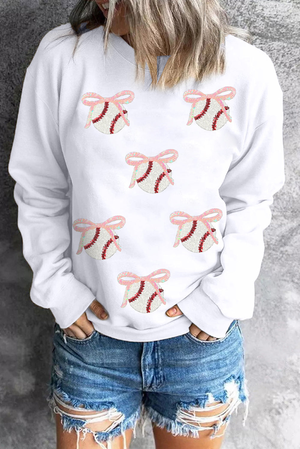 White Sequin Bow Baseball Patched Casual Sweatshirt