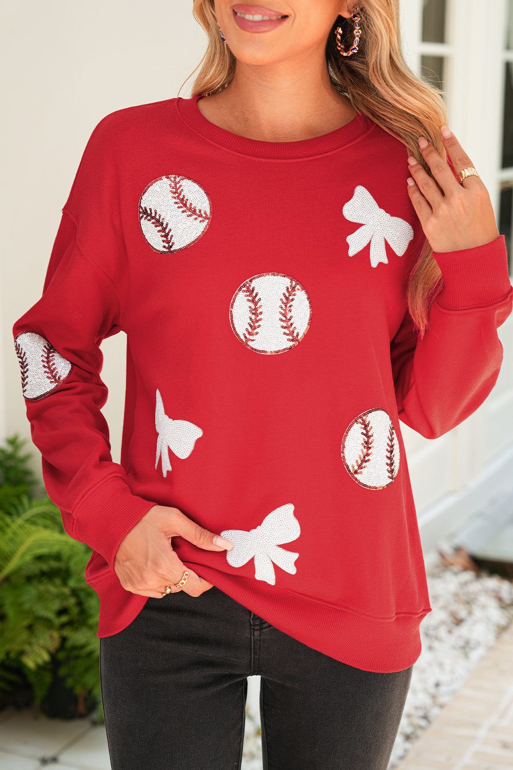 Red Sequin Bow and Baseball Graphic Game Day Fashion Sweatshirt